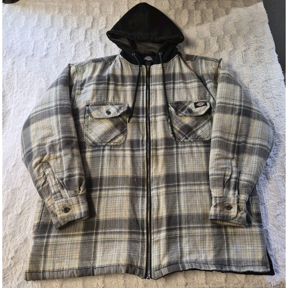 Vintage Dickies Flannel Insulated Jacket Men's Large Full Zip Hooded Gray Plaid